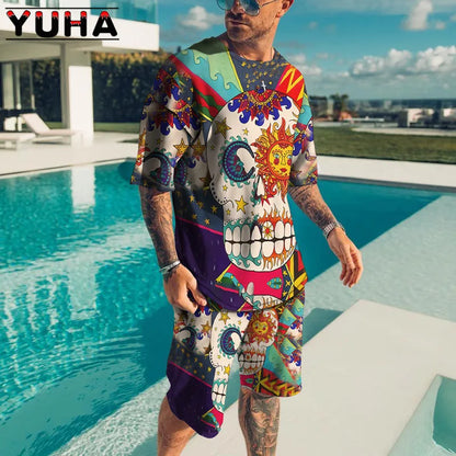 YUHA – ensemble t-shirt manches courtes pour hommes, vêtements d'été pour hommes, impression de squelette Terrible en 3D, Short décontracté, survêtement masculin 2 pièces, nouvelle collection