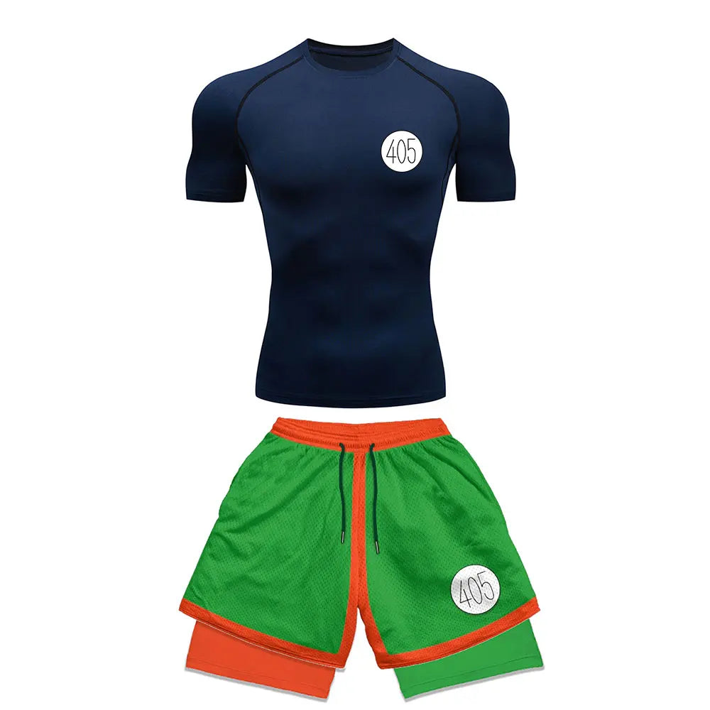 Chemise de Compression + short de gymnastique 2 pièces entraînement été Anime imprimé ensemble de Compression de gymnastique course Sport Fitness costume pour hommes vêtements de Sport