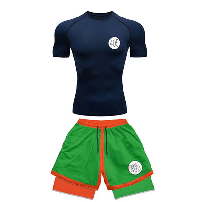 Chemise de Compression + short de gymnastique 2 pièces entraînement été Anime imprimé ensemble de Compression de gymnastique course Sport Fitness costume pour hommes vêtements de Sport