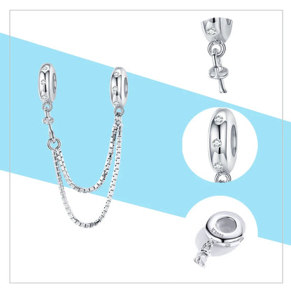 Meilleure vente 100% argent Sterling 925 la clé de coeur silicone sécurité chaîne breloque Wostu Original perles Bracelet bijoux CQC606
