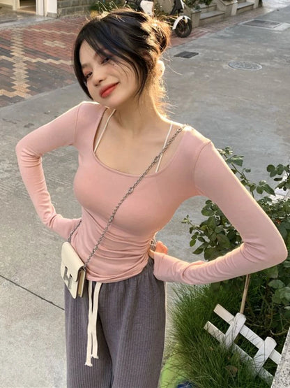 T-shirts Slim femmes à manches longues rose hauts solide Hotsweet Ins mode coréenne vêtements automne nouveau décontracté Simple Sexy collège filles