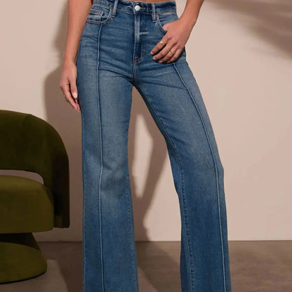 Jean droit taille haute bleu foncé pour femme, coupe cintrée, version jambes larges, tissu denim extensible, jean intellectuel élégant, nouvelle collection automne