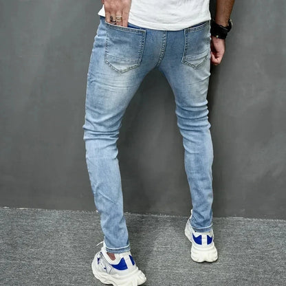 Jean slim déchiré personnalisé pour hommes, nouveau Style, couleur unie, extensible, petit pied, Streetwear, pantalon en Denim pour moto, 2024