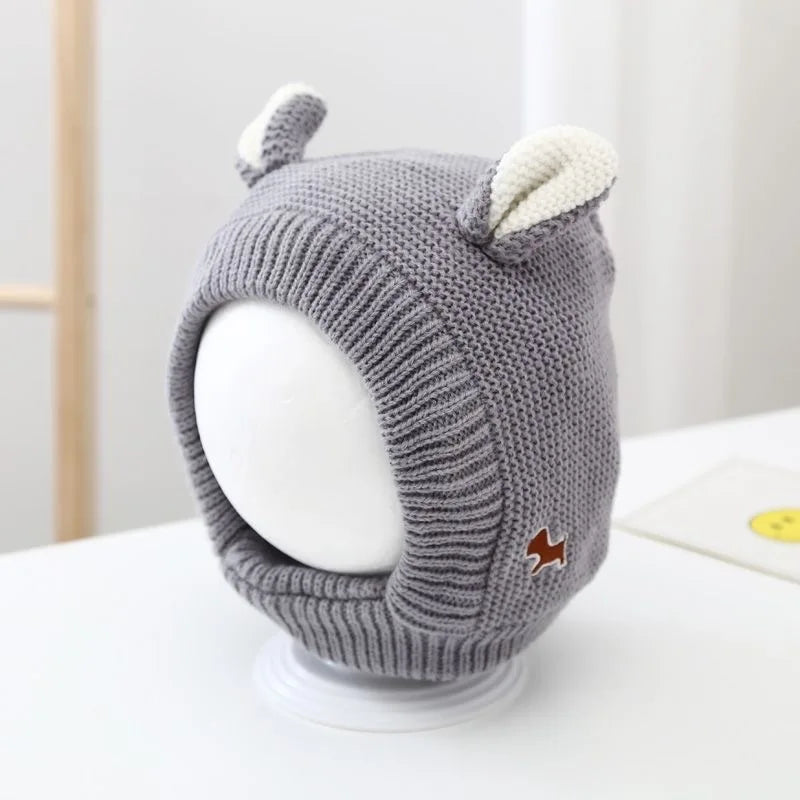 Bonnet en tricot avec oreilles de dessin animé pour bébé, bonnet à oreillettes pour bébé, document solide, épais, peluche, chaud, enfants, protection des oreilles, hiver, mignon