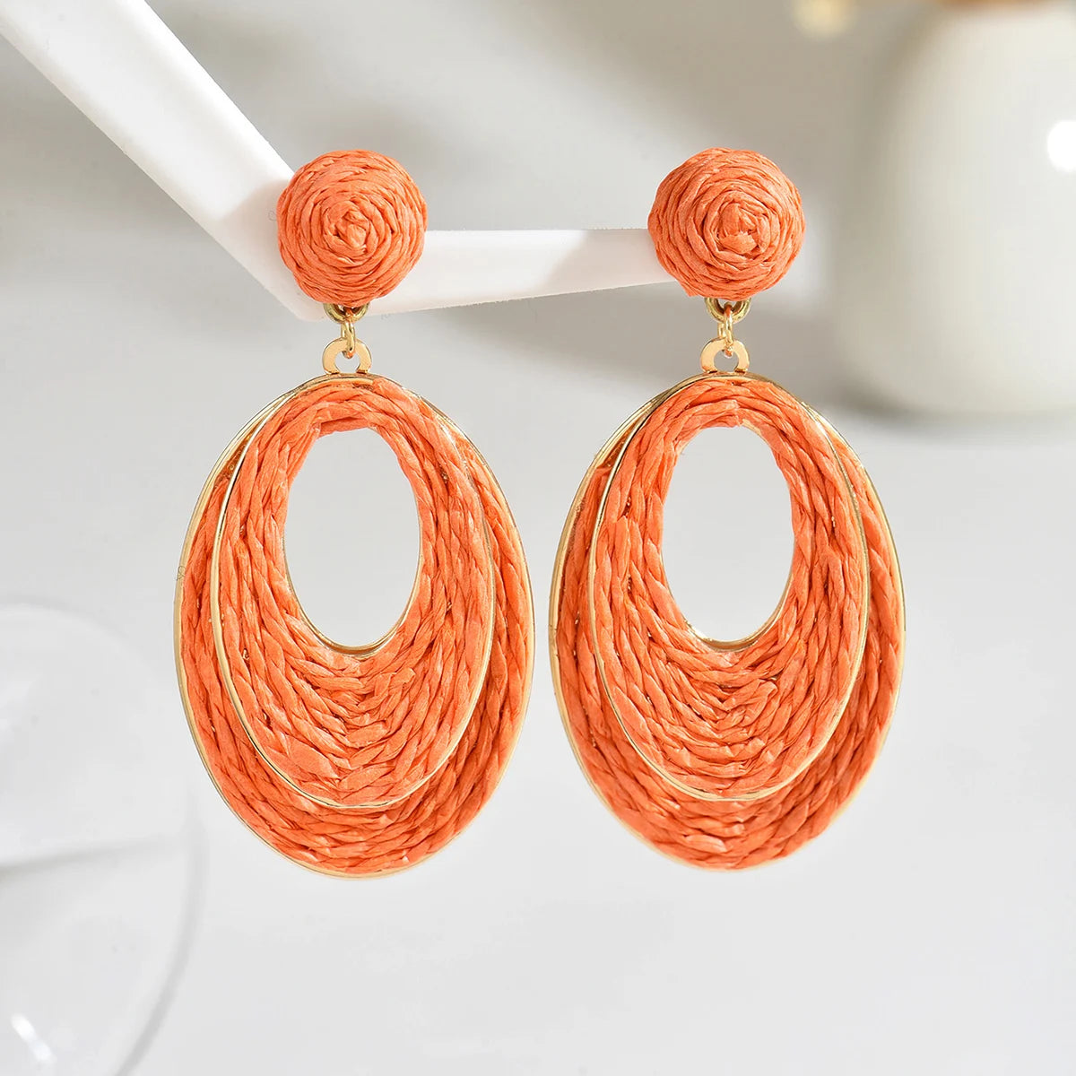 Boho tendance fait à la main Double couche ovale en raphia boucles d'oreilles pour les femmes élégant rotin tricot boucles d'oreilles bijoux d'été cadeaux