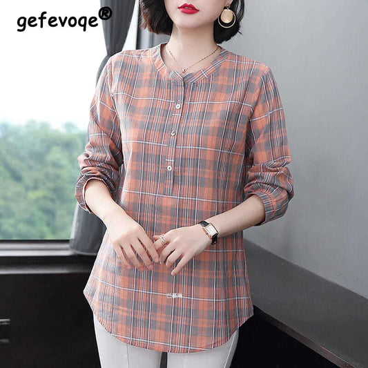 Chemise à carreaux à col rond pour femmes, vêtements d'été, Vintage, décontracté, manches 3/4, boutons épissés, pulls, chemisiers