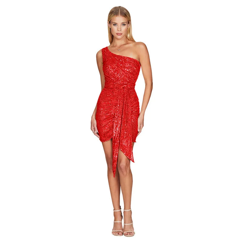 Robe d'été sexy pour femmes, asymétrique épaule dénudée, paillettes, robes de soirée d'anniversaire, robes de soirée élégantes, robe de bal de cocktail, X99