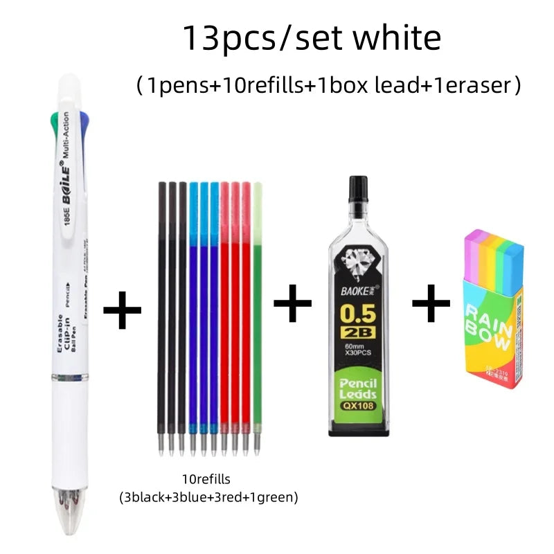 Stylo à bille multicolore effaçable 5 en 1, recharge 4 couleurs de 0.7mm et crayon automatique de 0.5mm,