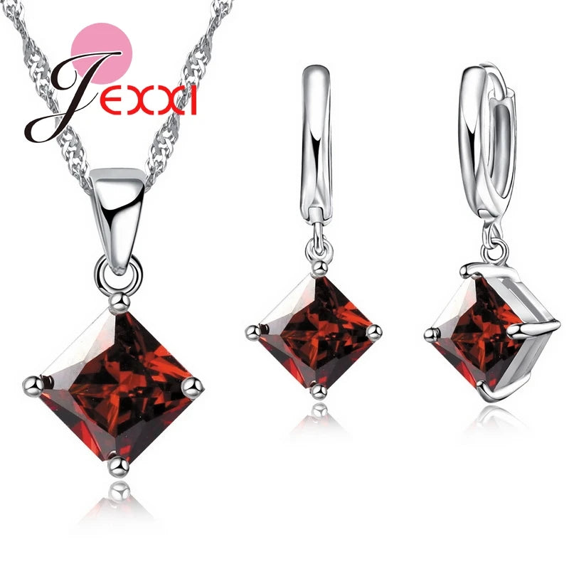 Ensemble de bijoux de mariage en argent regardé 925 pour femme, beaux pendentifs, colliers et boucles d'oreilles, ensembles de bijoux en cristal clairs et carrés, 8 couleurs