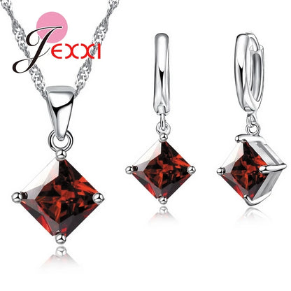 Ensemble de bijoux de mariage en argent regardé 925 pour femme, beaux pendentifs, colliers et boucles d'oreilles, ensembles de bijoux en cristal clairs et carrés, 8 couleurs