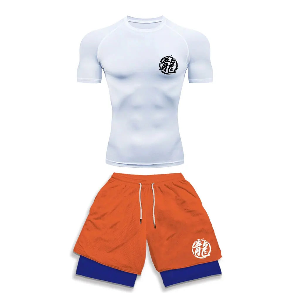 Chemise de Compression + short de gymnastique 2 pièces entraînement été Anime imprimé ensemble de Compression de gymnastique course Sport Fitness costume pour hommes vêtements de Sport