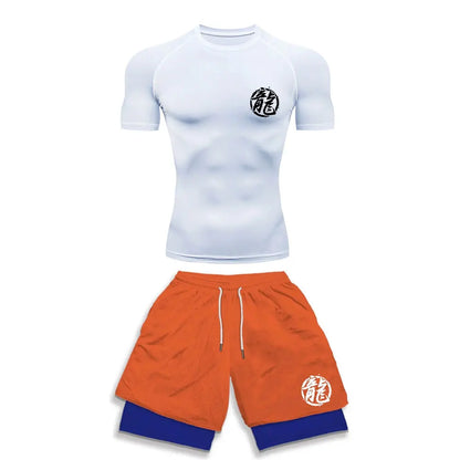 Chemise de Compression + short de gymnastique 2 pièces entraînement été Anime imprimé ensemble de Compression de gymnastique course Sport Fitness costume pour hommes vêtements de Sport