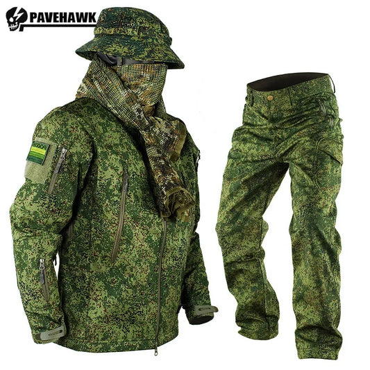 Ensemble d'entraînement imperméable et coupe-vent pour hommes, peau de requin, coque souple, vêtements de camouflage russe, veste tactique à séchage rapide, costume pantalon Cargo