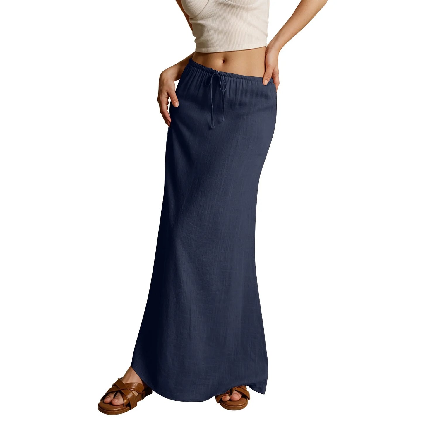 Jupe longue d'été pour femmes, cordon de serrage, taille basse, ligne A, jupe décontractée, taille haute élastique, moulante, longue, jupes pour femmes