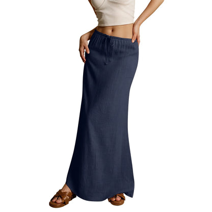 Jupe longue d'été pour femmes, cordon de serrage, taille basse, ligne A, jupe décontractée, taille haute élastique, moulante, longue, jupes pour femmes