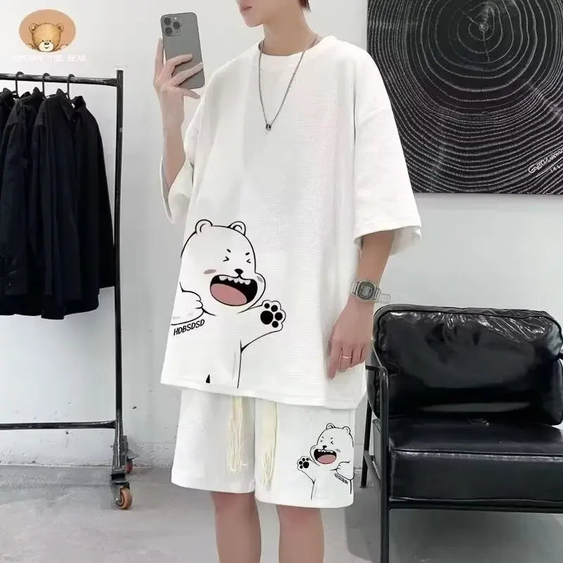 Survêtement d'été pour hommes, Streetwear de dessin animé japonais, Hip Hop Rock, décontracté, court imbibé cool, imprimé gaufré, ensemble 2 pièces, nouveau