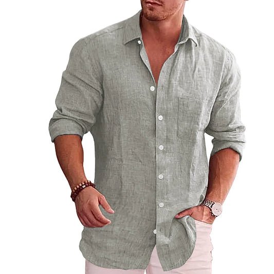 Chemise ample grande taille pour hommes, couleur unie, col en lin, manches longues, chemise décontractée