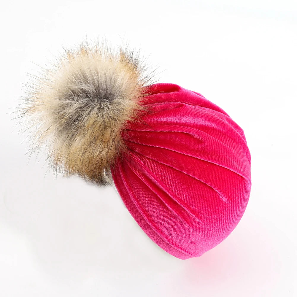 Chapeau boule de fourrure en tissu velours solide pour enfants garçons filles bébé accessoires de photographie grand pompon nœud supérieur automne hiver oreille bonnet chaud