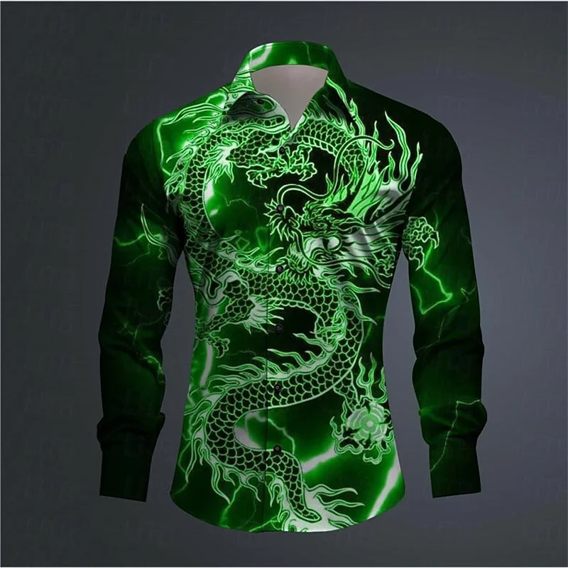 Chemise à manches longues imprimée en 3D abstraite pour hommes, haut à revers confortable, culture du dragon, tendance de la mode, tenue quotidienne