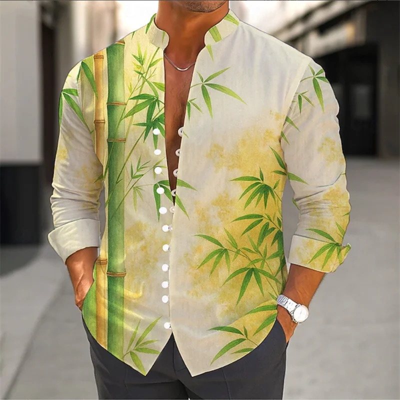 Chemise à manches longues pour hommes, transfrontalière d'été, imprimé bambou 3D, fleur, Vintage, col rabattable, manches longues, boutons