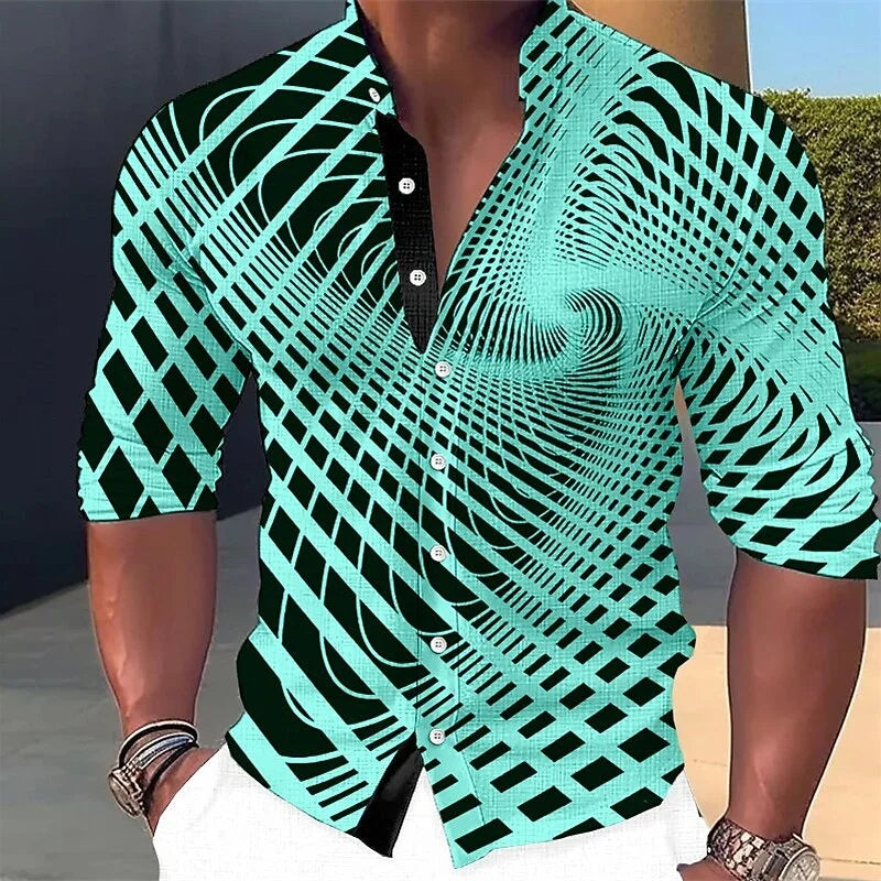 Chemise à boutons à motif géométrique pour hommes, manches longues, mode rue, extérieur, décontracté, quotidien, été, printemps et automne, col montant imprimé