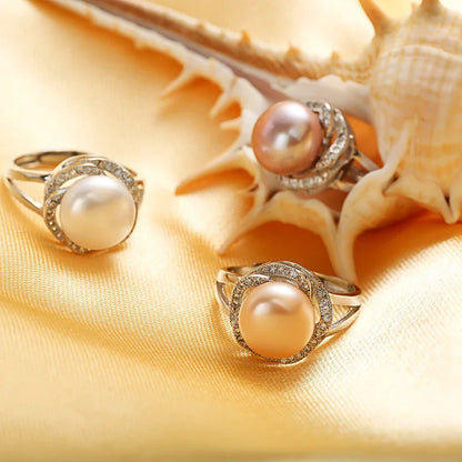 Bague en argent sterling 925 pour femme, grande perle naturelle, anneau en pierre réglable, perle blanche/rose/violette,