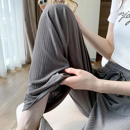 Pantalon droit en soie glacée pour femme, mode, taille haute, jambes larges, couleur unie, sensation d'affaissement, Baggy, décontracté, été