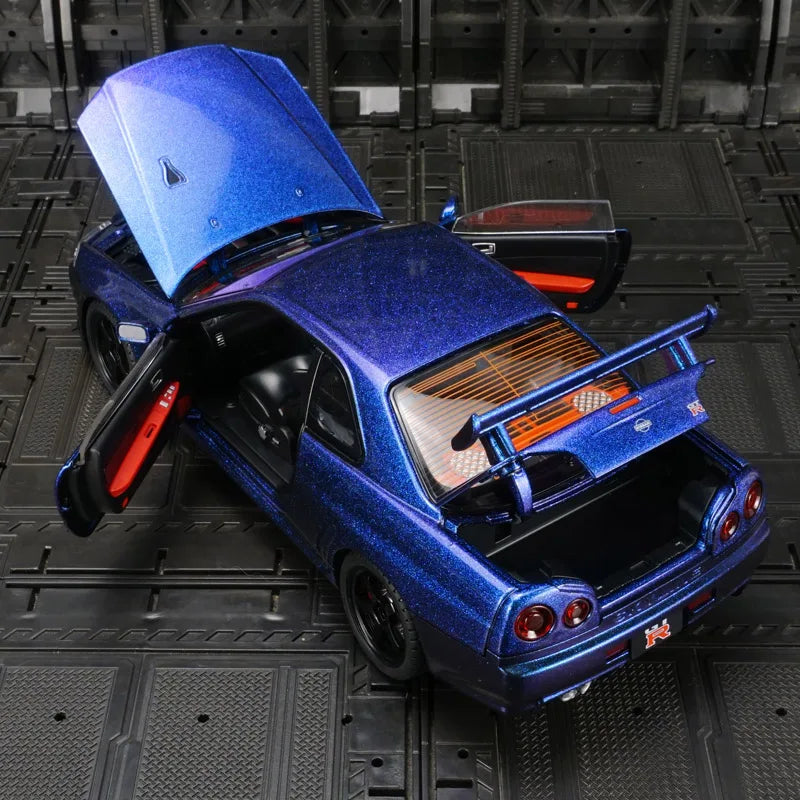 1:18 Nissan GT-R34 SKYLINE modèle de voiture en alliage Super voiture de sport acousto-optique direction rétractable porte jouet pour enfants peut être ouverte