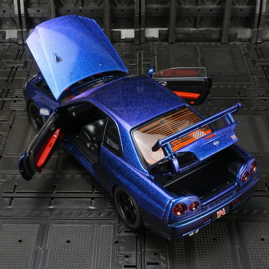 1:18 Nissan GT-R34 SKYLINE modèle de voiture en alliage Super voiture de sport acousto-optique direction rétractable porte jouet pour enfants peut être ouverte