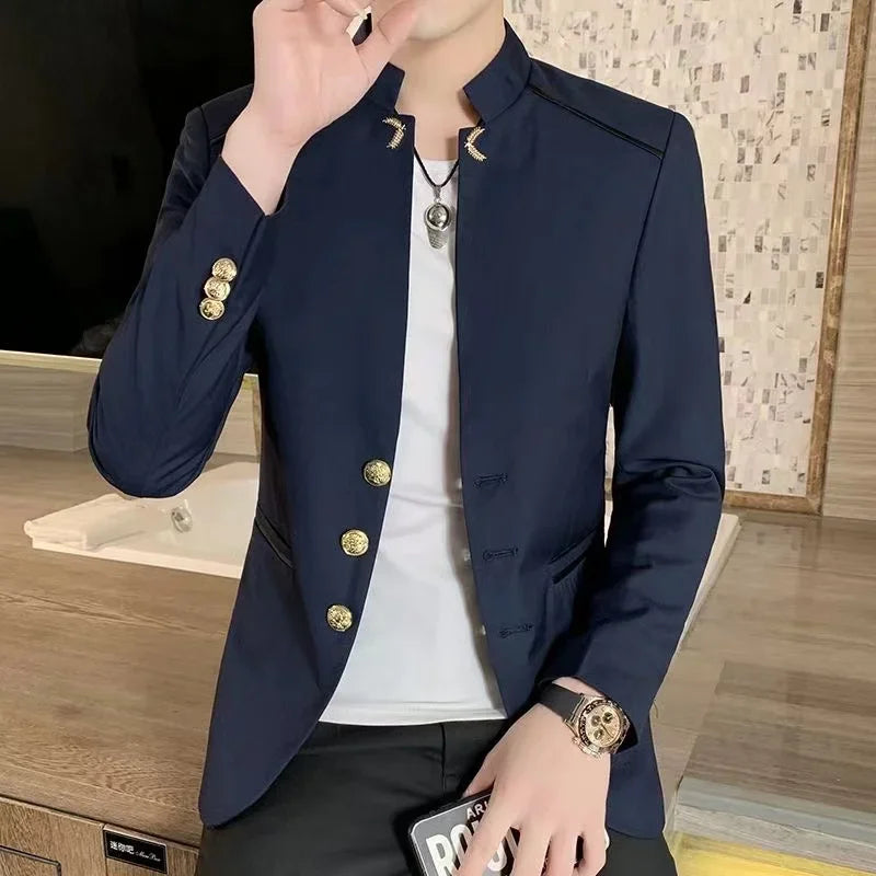 Vestes de costume décontractées à col montant pour hommes, manteaux de Blazer à trois boutons avec coutures de couleur unie, mode jeunesse, nouvelle collection printemps 2024