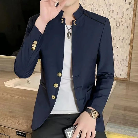 Vestes de costume décontractées à col montant pour hommes, manteaux de Blazer à trois boutons avec coutures de couleur unie, mode jeunesse, nouvelle collection printemps 2024