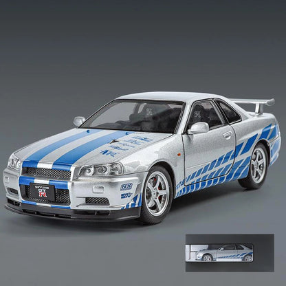 1:24 GTR R34 Skylin Diecast Modèle En Métal De Voiture Son Et Lumière Tirer Supercar Sport Racing Collection Loisirs Vacances Cadeau Garçon