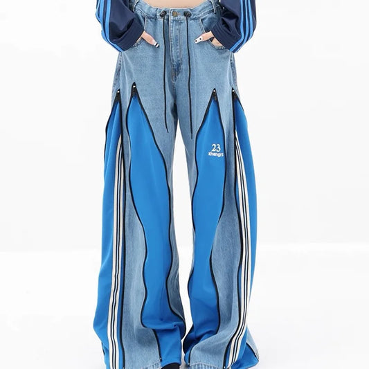 [EWQ] décontracté mode Style femmes Unique Denim pantalon Patchwork contraste couleurs jean conception fermeture éclair pantalon à jambes larges 16O7157