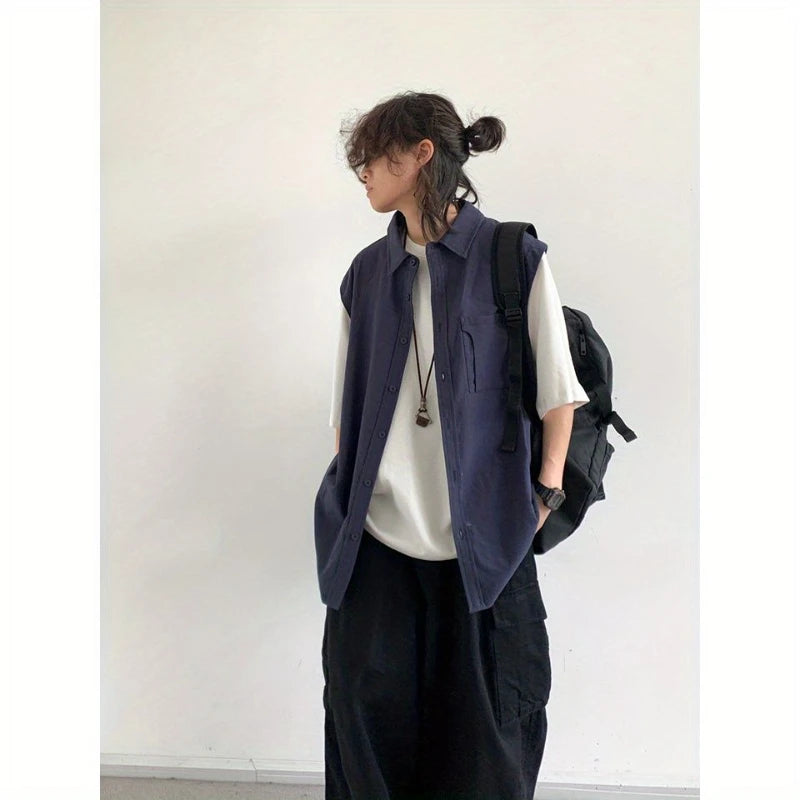 Ensemble deux pièces patchwork japonais pour hommes, chemises et pantalons cargo à manches courtes, faux deux demi-manches, poches, décontracté, couple, été