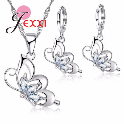 Ensemble de bijoux en argent Sterling 925 pour femmes, collier, pendentif, boucles d'oreilles papillon en zircone cubique élégante
