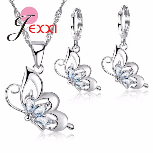 Ensemble de bijoux en argent Sterling 925 pour femmes, collier, pendentif, boucles d'oreilles papillon en zircone cubique élégante