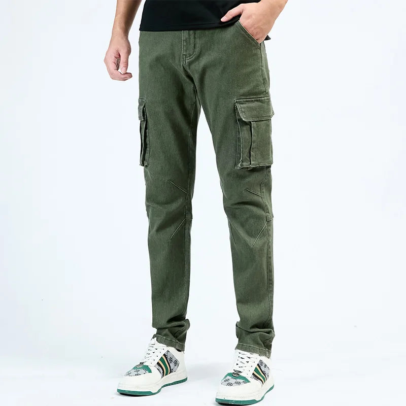 Pantalon cargo en denim pour hommes, taille élastique, couleur unie, délavé, coupe cintrée, décontracté, avec plusieurs poches, pour un usage quotidien