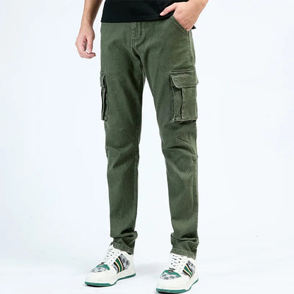 Pantalon cargo en denim pour hommes, taille élastique, couleur unie, délavé, coupe cintrée, décontracté, avec plusieurs poches, pour un usage quotidien