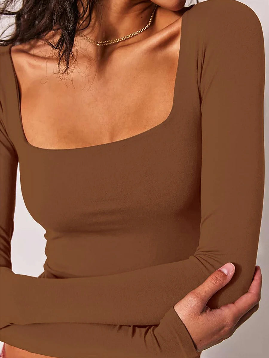 T-Shirt à Manches sulfet Col Carré pour Femme, Streetwear Basique, Slim, Court, Été