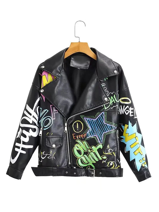 Manteau de marque en cuir PU pour femmes, veste de marque à la mode, imprimé Graffiti coloré, manteaux Punk doux, Slim Locomotive, veste courte, haut en cuir