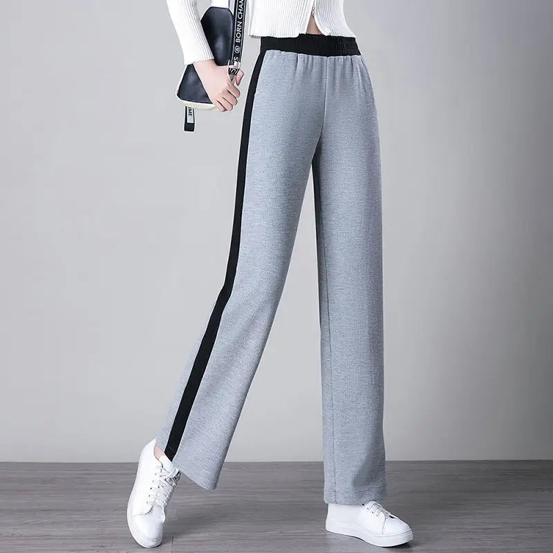 Pantalon de sport taille haute pour femme, mode coréenne, printemps, automne, décontracté, uni, poches brodées, élastique, droit, fjadt, nouveau