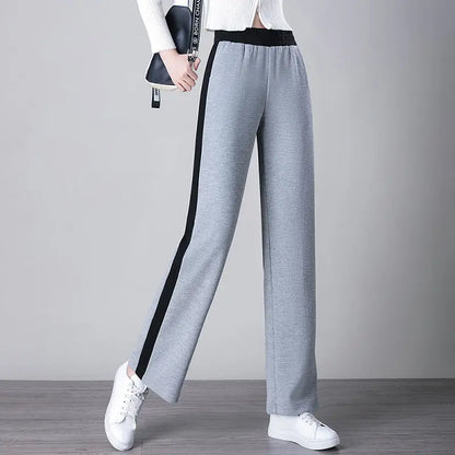 Pantalon de sport taille haute pour femme, mode coréenne, printemps, automne, décontracté, uni, poches brodées, élastique, droit, fjadt, nouveau