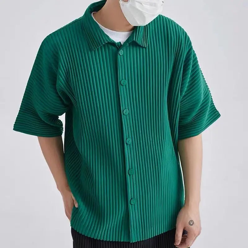 Chemise Plissée à Manches Courtes pour Homme, Cardigan Décontracté, Section Fine, Printemps Été 2024