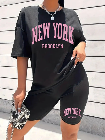 Ensemble deux pièces imprimé lettre New York Brooklyn pour femme, manches courtes, mode décontractée, col rond, vêtements d'été