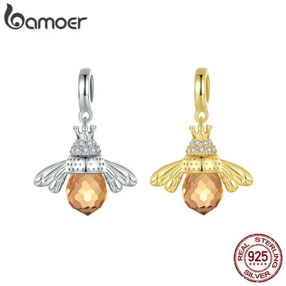 BAMOER 925 en argent Sterling belle abeille Orange insecte pendentif collier pour les femmes 14K plaqué or
