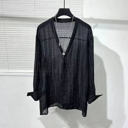 Chemise en maille transparente à col en V pour hommes, chemise à manches longues, chemise boutonnée en dentelle pure, chemises streetwear sexy, printemps, Y-2024