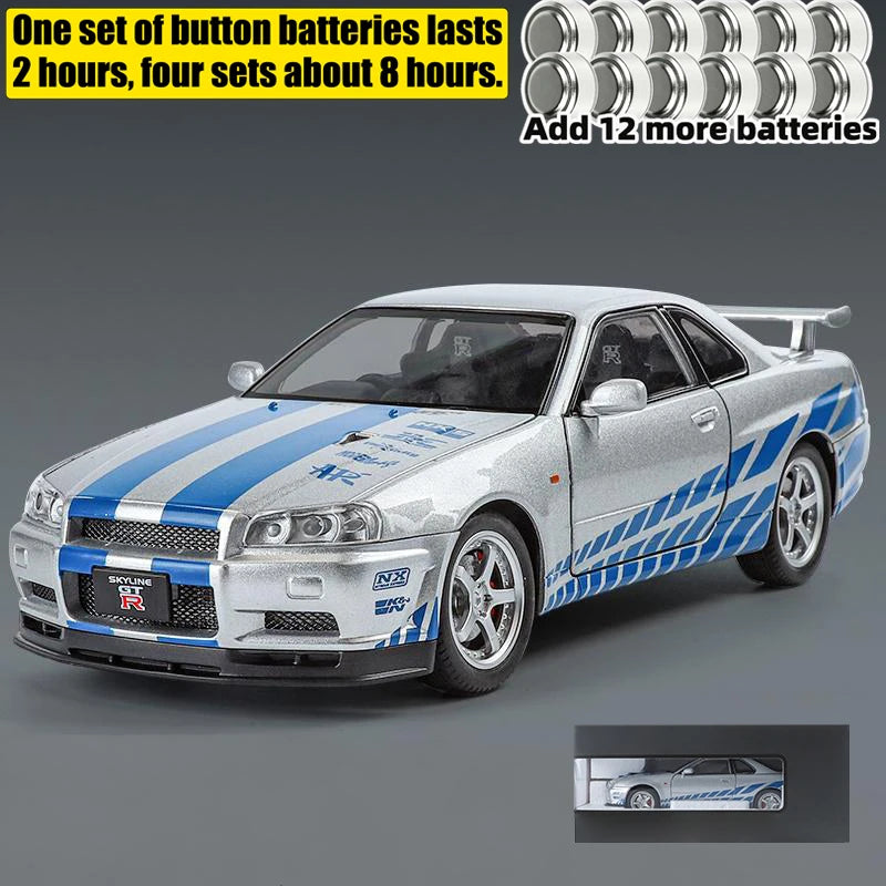 1:24 GTR R34 Skylin Diecast Modèle En Métal De Voiture Son Et Lumière Tirer Supercar Sport Racing Collection Loisirs Vacances Cadeau Garçon