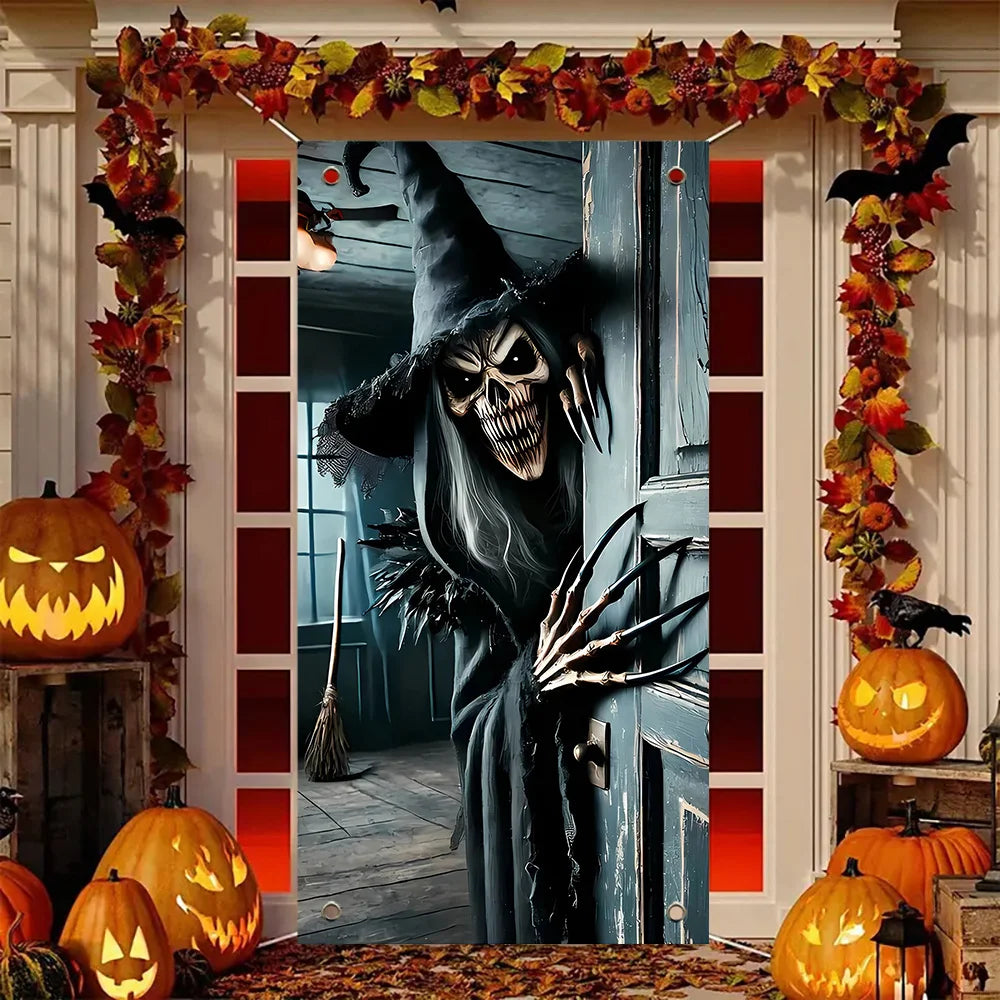 Décoration de porte d'Halloween, monstre squelette terrifiant ouvre la porte, adapté à la maison, à la cuisine, au porche, aux fêtes dans le jardin