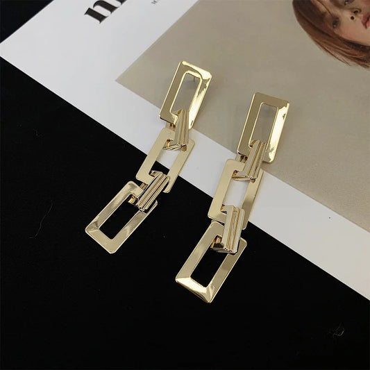 Boucles d'oreilles longues en métal pour femmes, Vintage, creux doré, géométrique, rectangulaire,
