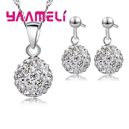 Ensembles de bijoux en argent regardé 925 pour femmes et filles, cadeaux de mariage, cristal autrichien pavé, collier boule CZ Chang, boucles d'oreilles créoles, patients